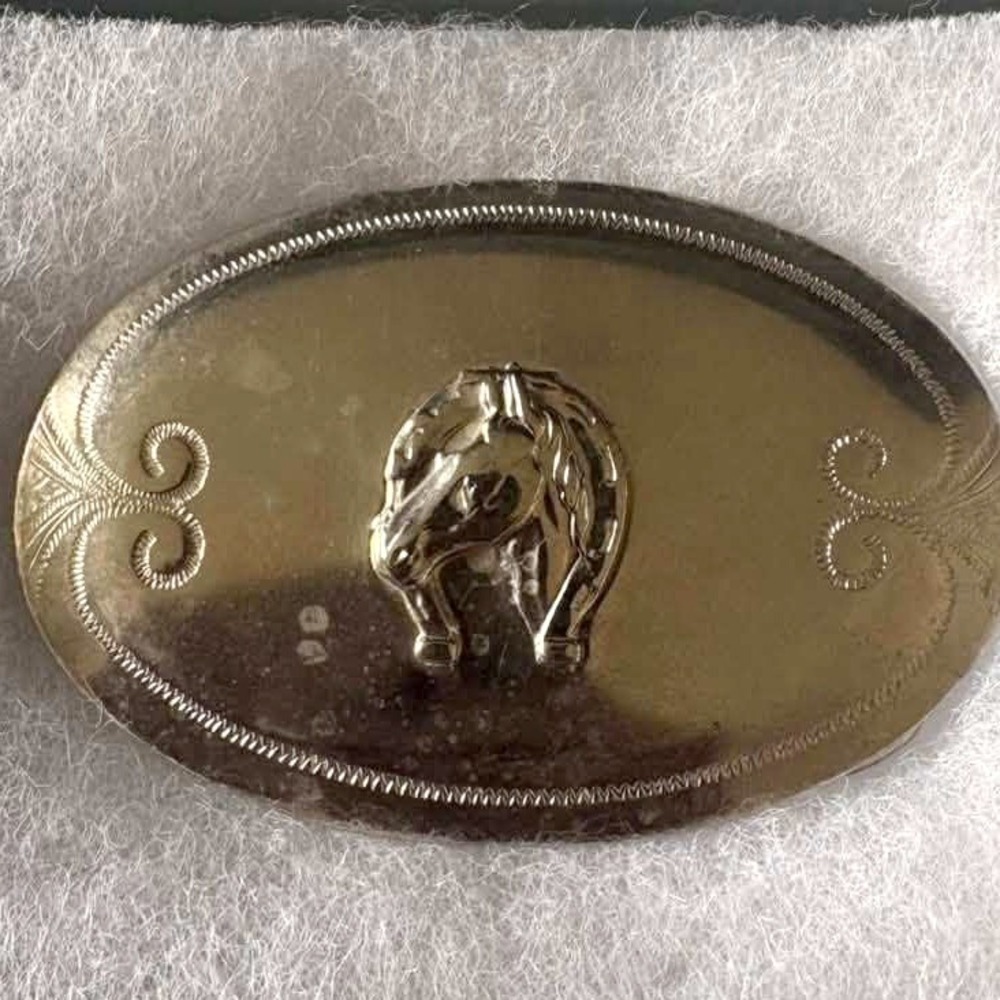 Vintage Silver Tone Horse Head Horseshoe Oval Western Belt Buckle Equestrian